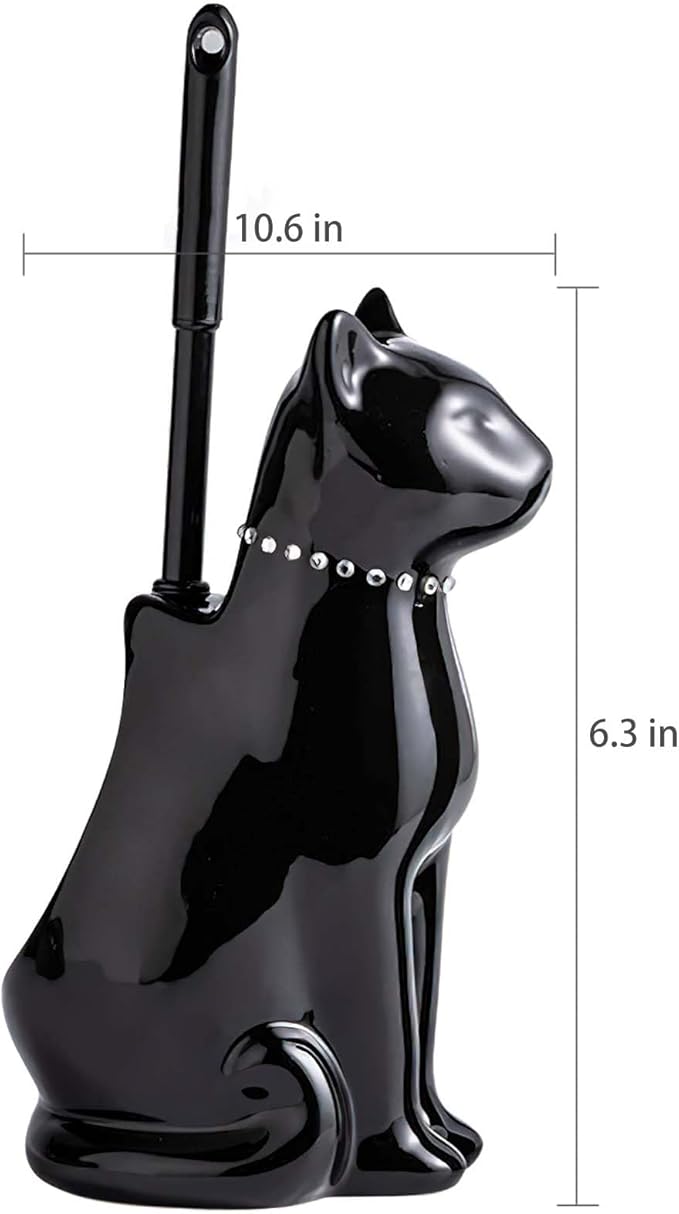 Cat Toilet Brush Holder - Ceramic Whimsical Feline Design with Wide-Mouth Storage, Black Toilet Bowl Brush and Holder Set Cute for Bathroom Ground, Easy-Clean Cat Lover Gift (Black)