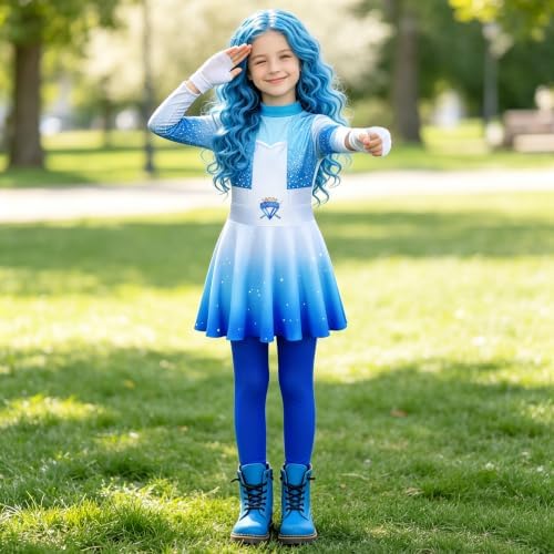 Girls Wonderland Costume Kids Cosplay Outfits Jumpsuit with Gloves Wig Set