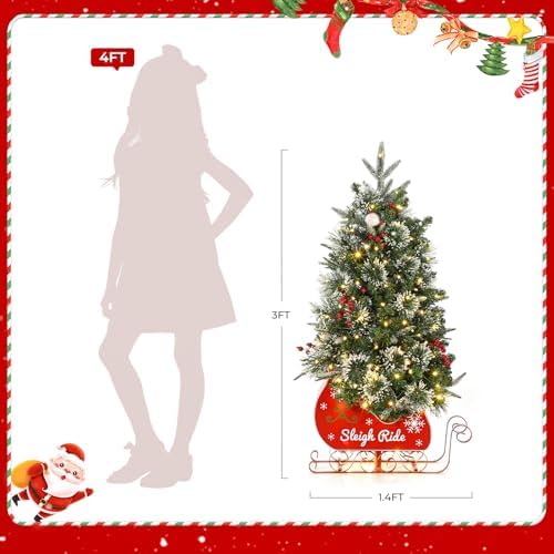 Garvee 3FT Christmas Tree, Pre-Lit Artificial Christmas Trees with Lights, Small Xmas Trees with Sleigh Base & 78 Warm White Lights, Christmas Decoration for Home, Office,1 PCS