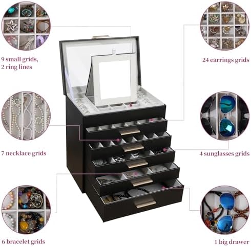 BOOVO Jewelry Boxes for Women, White and Black 6 Layer Large Jewelry Box for Necklace, Bracelet, Earrings, Rings Storage, Jewelry holder Organizer for Girls Gift (Clear Black, 6 layer)