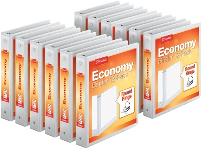 Cardinal Economy 3-Ring Binders, 1.5", Round Rings, Holds 350 Sheets, ClearVue Presentation View, Non-Stick, White, Carton of 12 (90631)