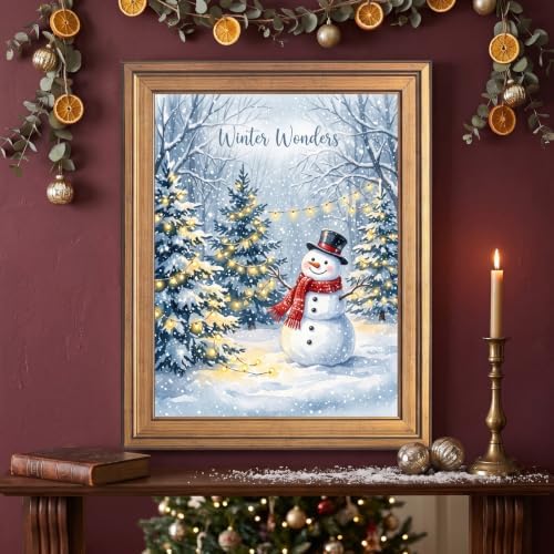 Framed Snowman Canvas Wall Art Gold Frame Inch 12x16