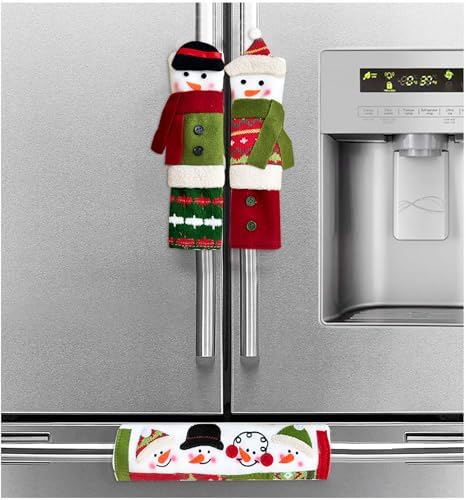 PTFNY 3 Piece Set Christmas Snowman Refrigerator Door Handle Covers Appliance Handle Covers Christmas Decorations Fits Standard Size Kitchen Refrigerator Microwave Oven Or Dishwasher