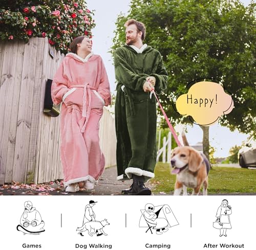 Bedsure Wearable Blanket Hoodie, Long Hooded Blanket Sweatshirt as Birthday Gifts for Women, Cozy Sherpa Hoodie for Adult, Standard, Olive Green