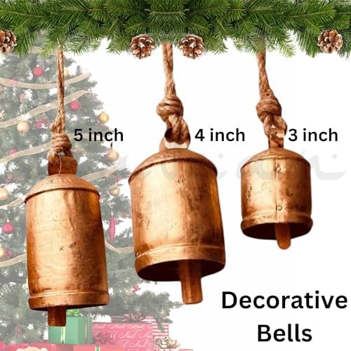 Rustic Harmony Cow Bells Decorative Set of 3 Christmas Bell Large Vintage Golden Cow Bell Brass Coated Country Bells Wall Hanging Cowbell Lucky Charm (3"-4"-5")