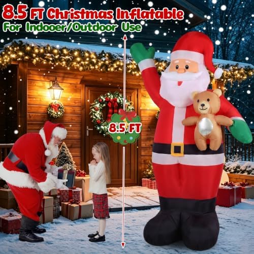 8.5FT Christmas Inflatable Santa Hold Bear, Blow Up Christmas Outdoor Decoration Built in LED Lights, Holiday Xmas Inflatables for Yard Garden Lawn Outhouse Party Decorations