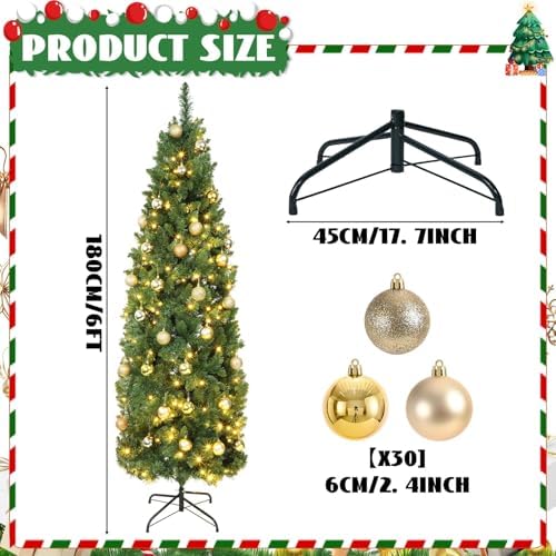 31 Pcs 6 Ft Artificial Slim Christmas Tree with 200 LED Warm White String Lights 30 Gold Ball Ornaments Skinny Thin Pencil Tree with Metal Stand for Home Xmas Holiday Party Decoration