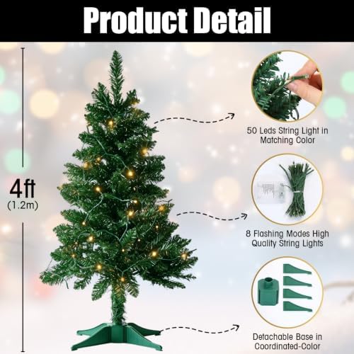 4FT Christmas Tree with Lights - Hinged Small Artificial Xmas Tree - Includes 50 LED String Light, 160 Tips Dense Branches & Detachable Stand - Mini Christmas Decoration Tree for Holiday,Green