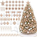 CroBlissful 118 Pcs Christmas Tree Ornaments Set Including Ornaments Balls, Hanging Snowflakes Icicle, Mesh Ribbon, Tree Top Star, Flower, Berries Stems for Xmas Trees Holiday Decor (Champagne)