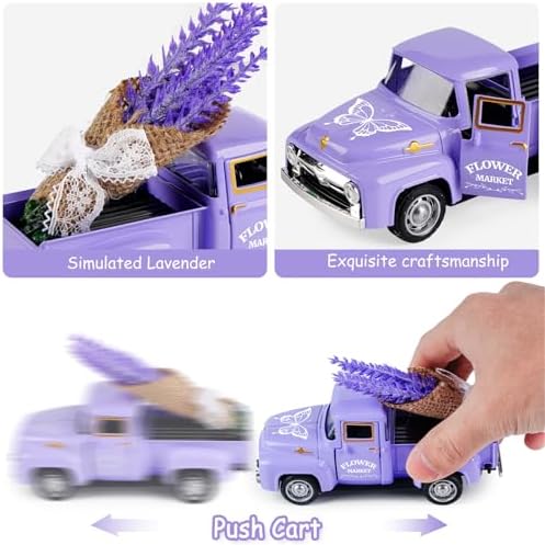 Lavender Truck Decor with Flowers, Purple Floral Pickup Truck with Butterfly, Rustic Farmhouse Tabletop Centerpiece, Spring Country Home Office Kitchen Tiered Tray Decor
