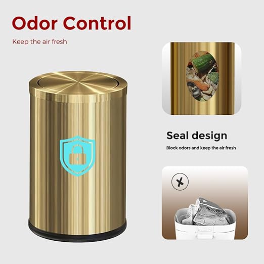 9L/2.4Gal Gold Trash Can,Brass Bathroom Garbae Can with Flipping Lid,Small Brass Garbage Can for Office, Laundry Room,Bedroom,Hotel