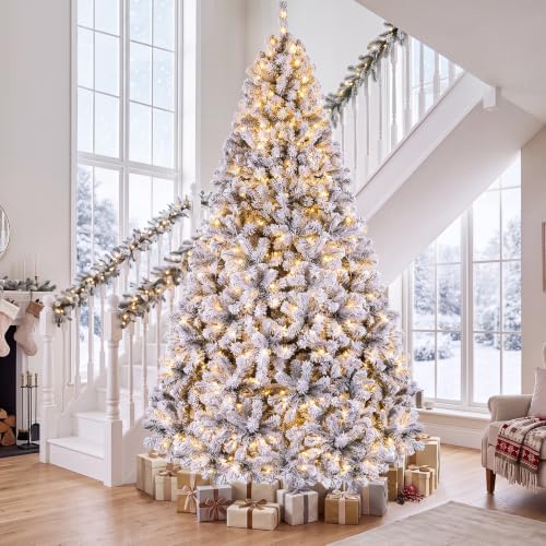 Happygrill 9FT Christmas Tree, Premium PVC Needles, 1498 Branch Tips, Pre-Lit Flocked Snow Hinged Pine Tree with Solid Metal Stand, 550 LED Lights, Ideal for Holiday Decoration, White