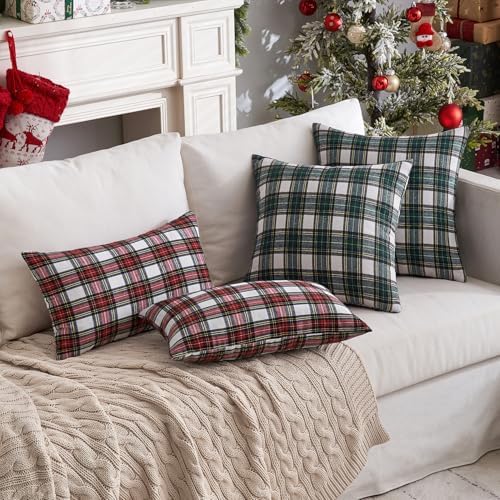 MIULEE Christmas Plaid Pillow Covers Scottish Tartan 26x26 Green and White