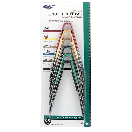 Vollrath 4780911 Jacob’s Pride 9½" Scalloped Utility Tongs, Stainless Steel, Kool-Touch Color-Coded Handles, Springless Design, Heat Safe Up to 350°F, Multipack of 6