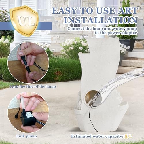 Grepatio Outdoor Cascading Water Fountain, Waterfall Fountain with LED Lights, Sailboat and Waterwheel Look Fountains and Waterfalls for Garden or Patio, Yard, and Deck Decor