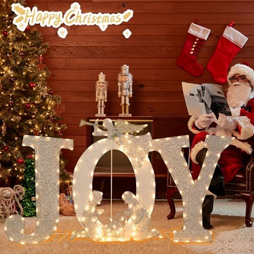 7 FT Lighted Christmas Joy & Nativity, Pre‑Lit Outdoor Yard Decor