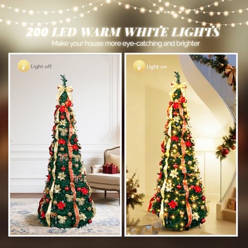 VINGLI 7ft Pre lit Pop Up Christmas Tree with Lights, Pre-Decorated Artificial Pencil Xmas Tree Collapsible Christmas Tree Holiday Party Decorations (Red&Gold)