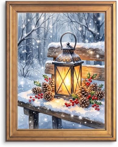 Framed Winter Lantern Wall Art Gold Frame Inch 12x16