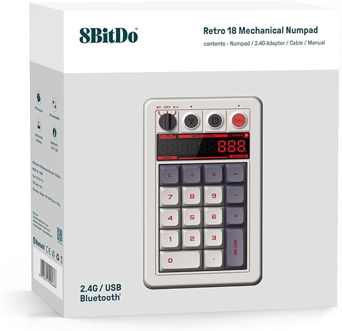 8Bitdo 18 Keys Retro Mechanical Numpad, Supports PC Numpad & Standard Calculator Mode, Hot-swappable, PC Calculator Shortcut Button, Bluetooth/2.4G/Wired Numpad for Windows and Android - N Edition