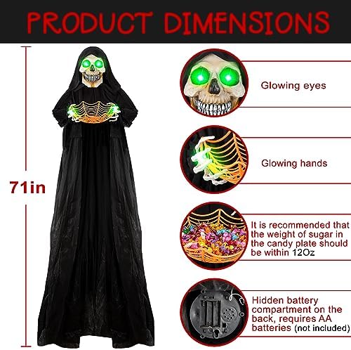71” Halloween Hanging Animated Skeleton Ghost Decoration with Sound Activated, Candy Dish, Glowing Eyes, Spooky Sounds for Halloween Haunted House Prop and Party Decor, Indoor/Outdoor Display