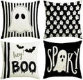 Halloween Decor Pillow Covers 20x20 Inch,Set of 4 Halloween Decorations Outdoor Indoor Throw Pillow Covers, Hey Boo Cute Spooky Ghost Black Striped Linen Cushion Case for Home Sofa Couch Bed Chair