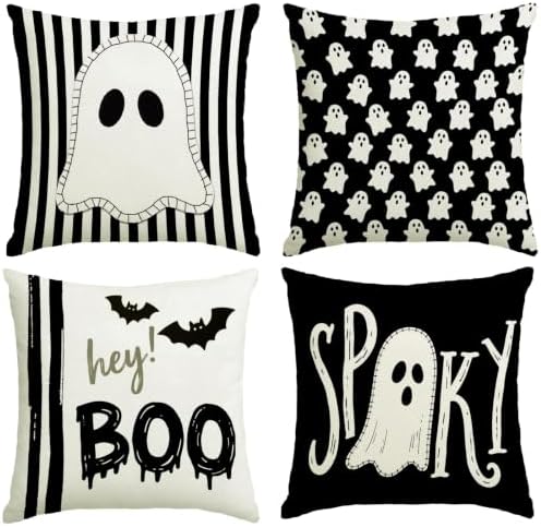 Halloween Decor Pillow Covers 20x20 Inch,Set of 4 Halloween Decorations Outdoor Indoor Throw Pillow Covers, Hey Boo Cute Spooky Ghost Black Striped Linen Cushion Case for Home Sofa Couch Bed Chair
