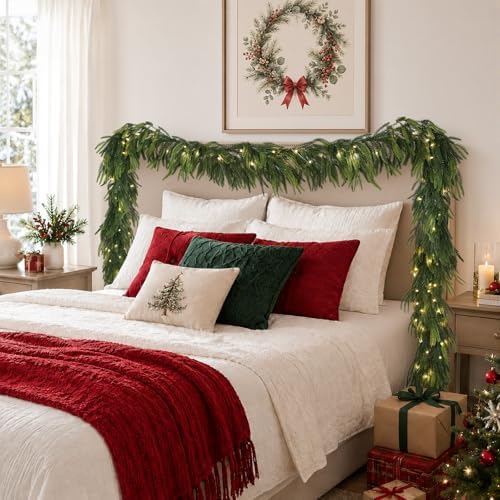 N&T NIETING 12FT Christmas Norfolk Pine Pre-Lit Garland with 100 LED Lights Real Touch Pine Garlands Prelit Garland Greenery Garlands for Table Mantle Fireplace Stairs Indoor Outdoor Xmas Decorations