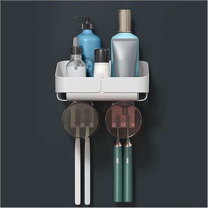 Toothbrush Rack Multifunctional Bathroom Toothbrush Holder Wall Mounted Organizer, Toothbrush Holder with Toothpaste Dispenser and Cups Bathroom Toothbrush Holder(A)