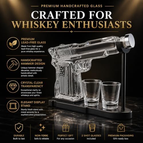 Patriotic Gun Whiskey Decanter Set, 2 American Flag Shot Glasses & Stand - Best Unique Gifts for Men, Birth Day Gift, Men. Pistol Liquor Dispenser Novelty Present for Home Bar Decor. Gifts for Him