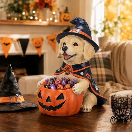 Halloween Decorations Labrador Puppy Figurine with Pumpkin Candy Bowl