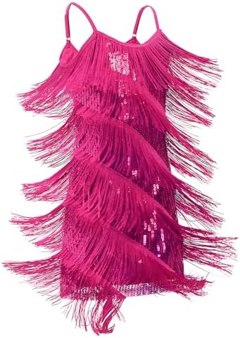 IDOPIP Kids Girls 1920s Flapper Dress Tassels Sequins Fringe Latin Dance Dress Gatsby Halloween Party Ballroom Dance Costumes