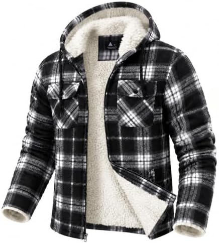 GEEK LIGHTING Men's Flannel Shirts Jacket Sherpa Lined Plaid Zipper Hoodie