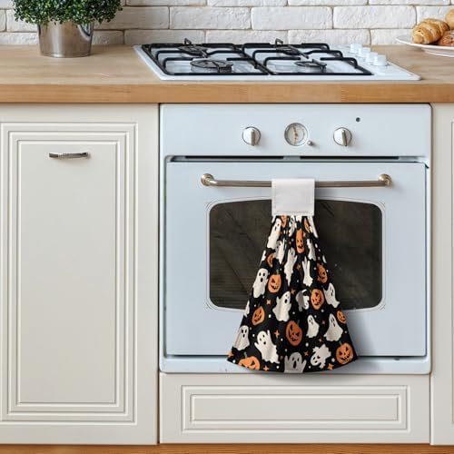 Halloween Ghost Pumpkin Hanging Kitchen Towels Set of 2 Spooky Scary Hand Towels with Hanging Loop Seasonal Holiday Oven Stove Dish Washcloths Soft Absorbent Bath Tie Towel
