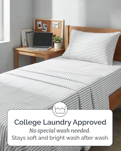 Twin XL Size 3 Piece Sheet Set - Breathable & Cooling Sheets - Grey Stripes