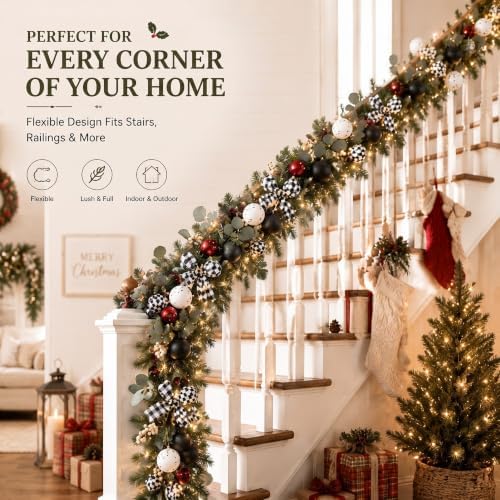 Riceshoot 6 ft Plaid Black White Christmas Garland with LED Bow Ball