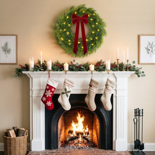 Christmas Decorations, 22 Inch Pre-Lit Christmas Wreath with Red Velvet Bow