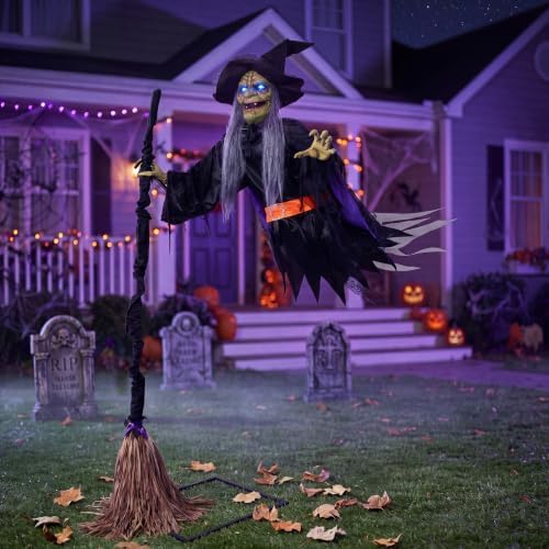 JOYIN Halloween Flying Witch Decor, Sound Activated Life-Size Halloween Decorations Outdoor Flying Witch with Broom, Glowing LED Eyes, Scary Haunted House Props for Garden Yard Lawn