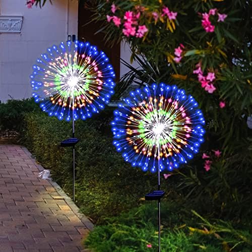 Solar Garden Firework Lights Outdoor Waterproof 2 Pack Solar Powered Art Stake Twinkle Lighting Outside Solar Lights Upgrad 180 LED Sparklers Lights for Yard Party Christmas Decorations (Colorful)