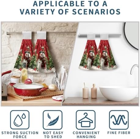 Winter Snowman Red Hanging Kitchen Towels Set of 2 Christmas Snow Snowman Pine Tree Bird Hand Towel with Hanging Loop Xmas Farmhouse Bath Towels Soft Absorbent Fingertip Dish Tie Towel for Bathroom