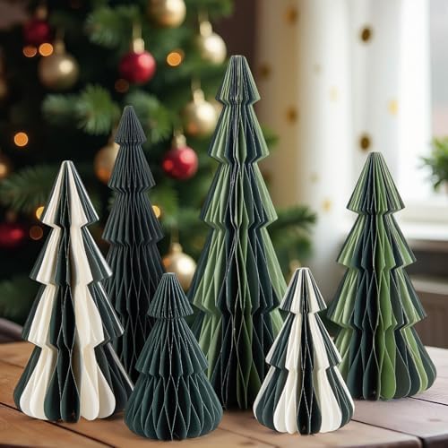 SUNBEAUTY 6PCS Honeycomb Christmas Trees Vintage Paper Christmas Tree Decor 3D Honeycomb Trees Table Centerpiece for Xmas New Year Holiday Party Home Decor (Green, White)