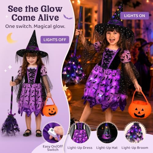 Meland Light Up Witch Costume for Girls 3-10, Toddler Kid Halloween Costume