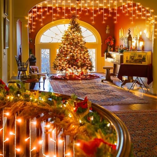 66ft Orange Halloween Lights Outdoor, 640LED Icicle Lights for Outside Indoor Twinkle Christmas Light with Connectable Clear Wire 8 Modes Timer Waterproof for House Party Tree Holiday Yard Patio Decor