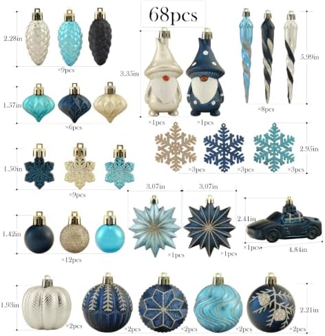 68PCS Christmas Tree Ornaments Set, Blue Navy Gold Christmas Balls and Assorted Decorations, Shatterproof Hanging Ornaments with Hooks for Xmas Tree, Holiday Party Home Decor
