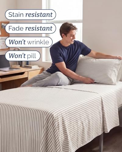 Twin XL Size 3 Piece Sheet Set - Comfy Breathable & Cooling - Beige Stripes
