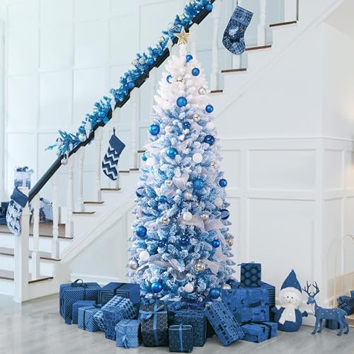 Yaheetech 6ft Pre-lit Snow Flocked Pencil Christmas Tree Lake Blue Gradient
