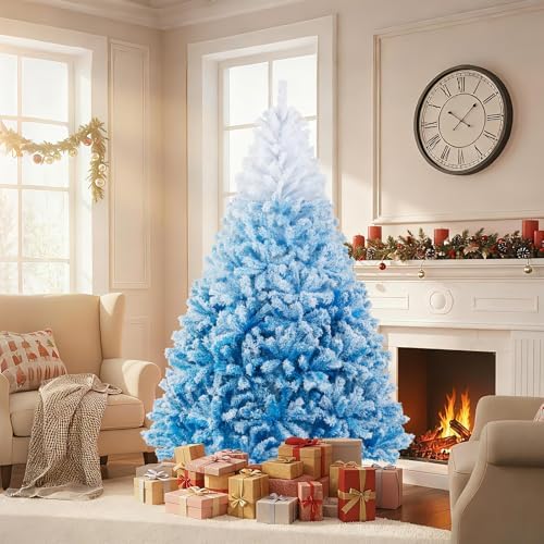 HAPPYGRILL 7 FT Flocked Christmas Tree Blue Hinged Xmas Tree with 1264 Branch Tips & Folding Metal Stand, Artificial Christmas Tree for Home Office Carnival