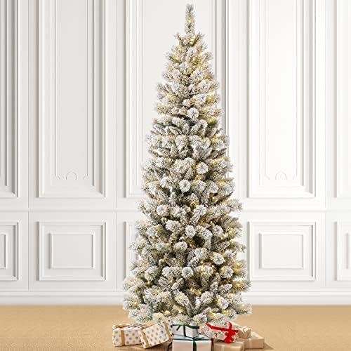 Glitzhome 7.5ft Prelit Christmas Tree, Flocked Artificial Christmas Tree, Pencil Christmas Tree Portland Snowy Pine with 300 Warm White/Multi-Color Lights, 9 Functional, Remote Controller