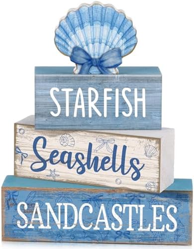 Moucuny 4 Pcs Beach Wooden Signs Table Decor with Shell, Tiered Tray