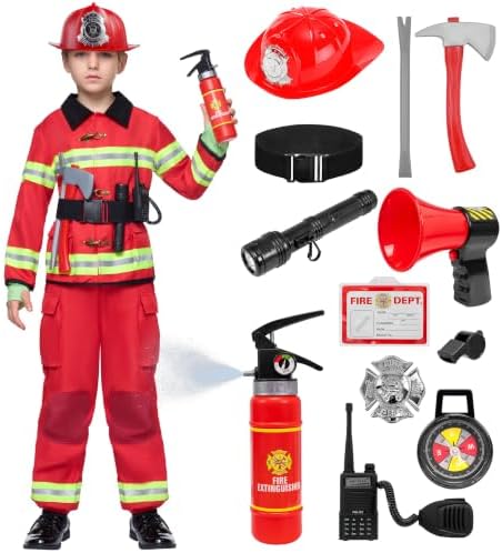 Spooktacular Creations Halloween 14PCS Firefighter Costume for Kids, Boys Fireman Costume with Toys Set for Toddler RolePlay