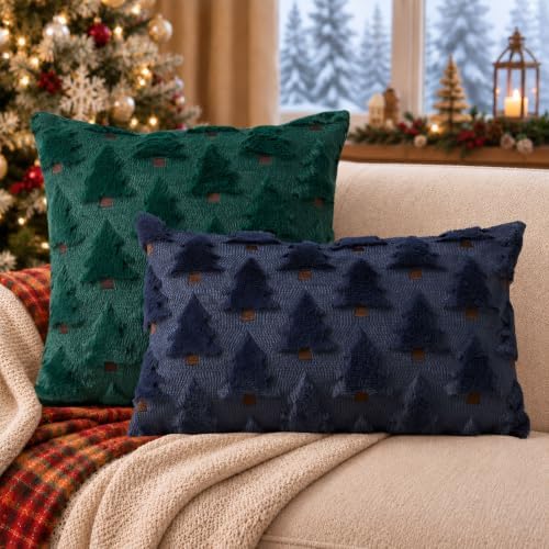 Allorry Christmas Pillow Covers 12x20 inch Set of 2 Navy Blue Christmas Decorations Soft Plush Faux Fur Wool Christmas Tree Throw Pillow Cases Winter Holiday Decor for Sofa Living Room PT002H12